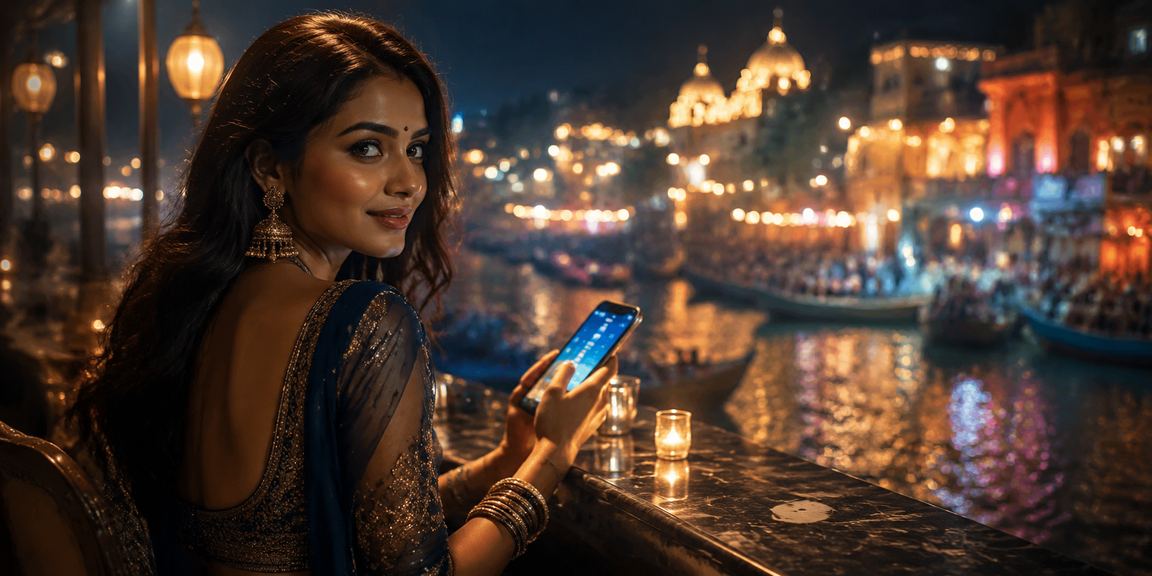 Indian woman using mobile payment for betting
